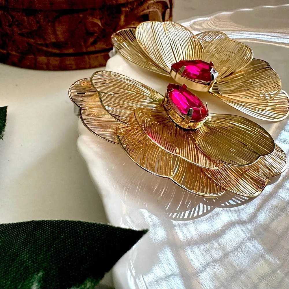 Gold Metal Flower Earrings Pink Stone Delicate Petals Jumbo Garden Jewelry NEW
